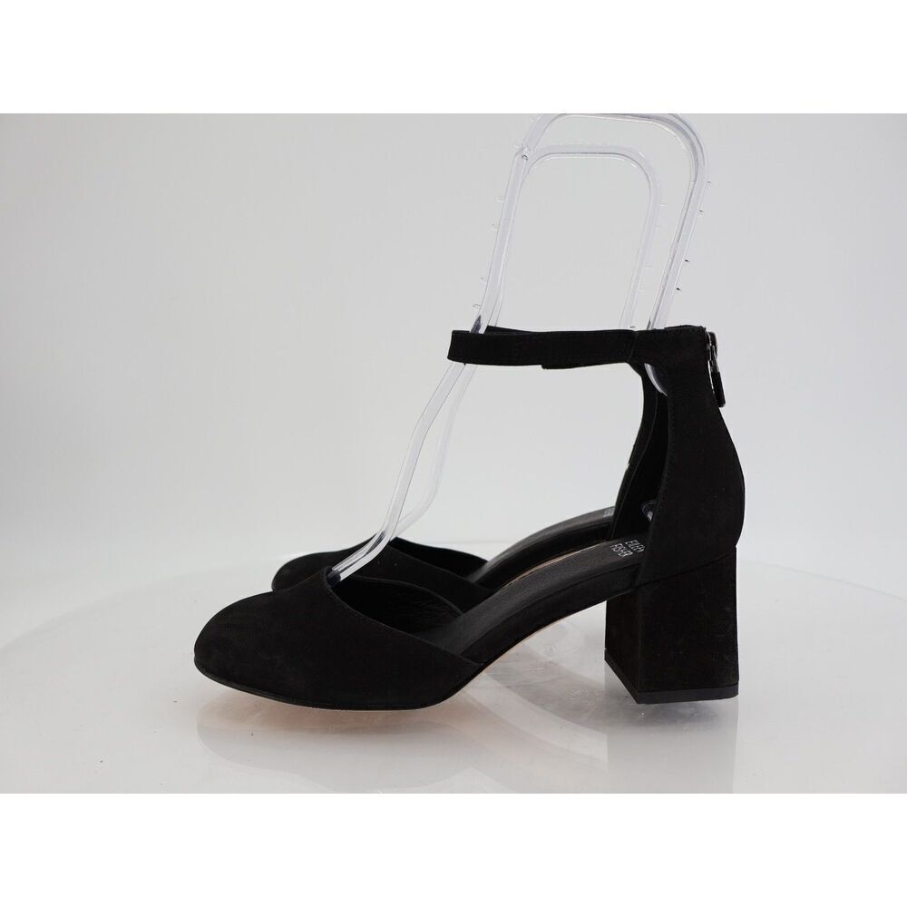 Eileen Fisher Indi Ankle Strap Pumps Suede Black Leather Size 7 Block Heel - Picture 6 of 11